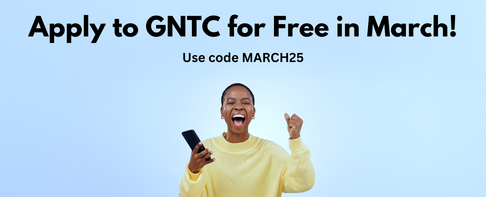 Female in yellow sweater with phone excited about free app month.