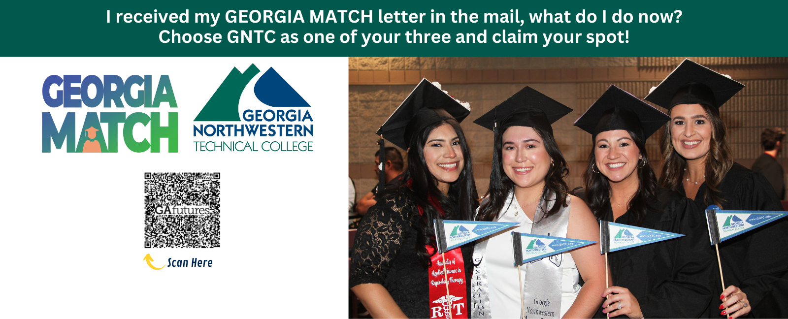 4 female graduates stand with GNTC Flags at Graduation