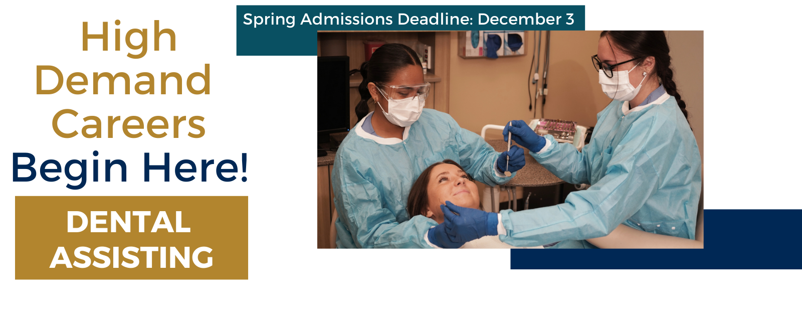 Two female dental assisting students work on a patient.