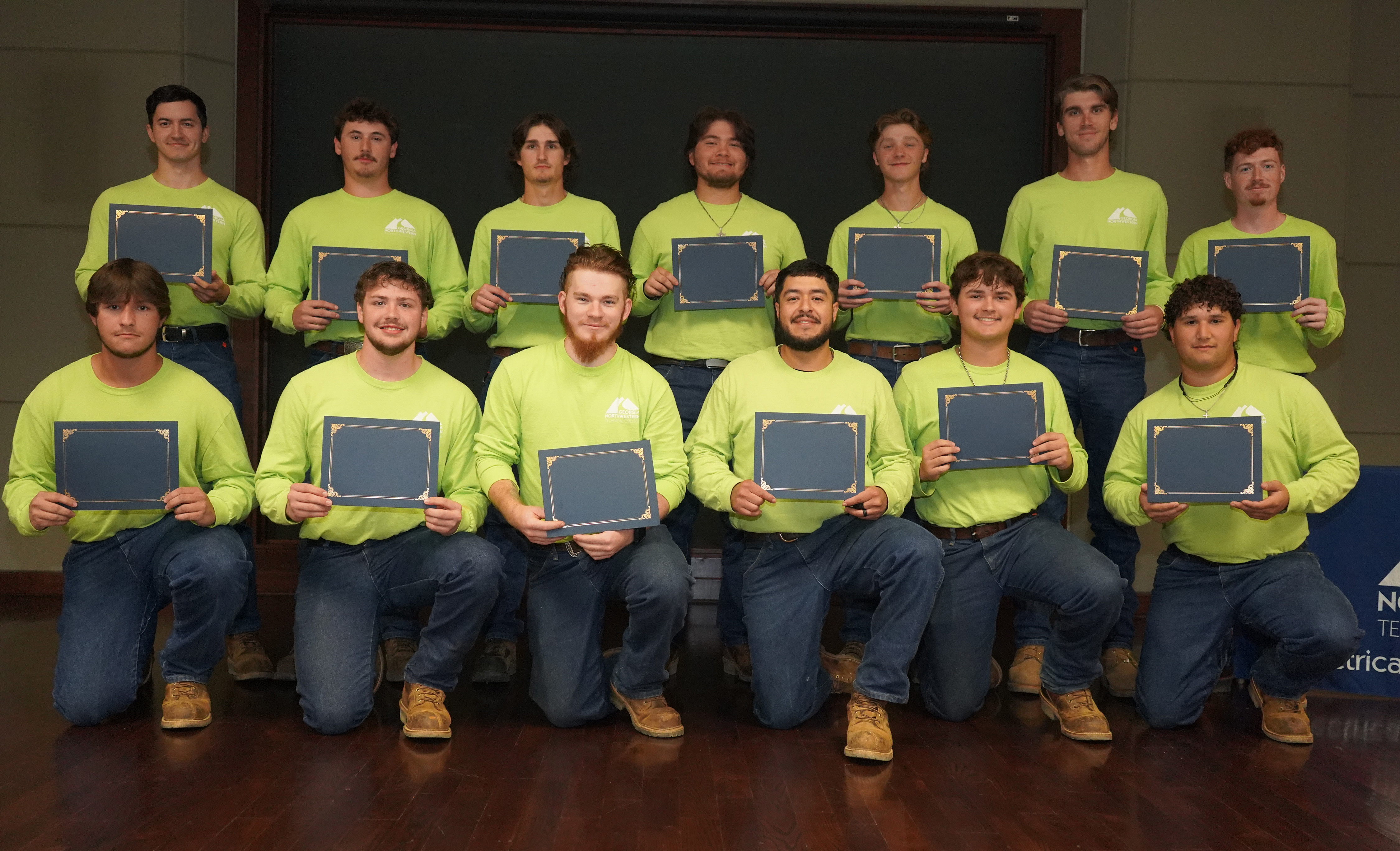 Graduates from GNTC’s Electrical Lineworker program for fall 2024 are (from left, front row) Memphis Hudgens, Anthony Wilson, Chase O’Neal, Jovanny Martinez Cordero, Peyton Pope, Pacey Smith; (back row) Braxton Vinson, Mason Reid Crozier, Bragen Fischel, Antony Morales Avalos, Christopher Braden Barrett, Brayden Cole and Ryan Turley.