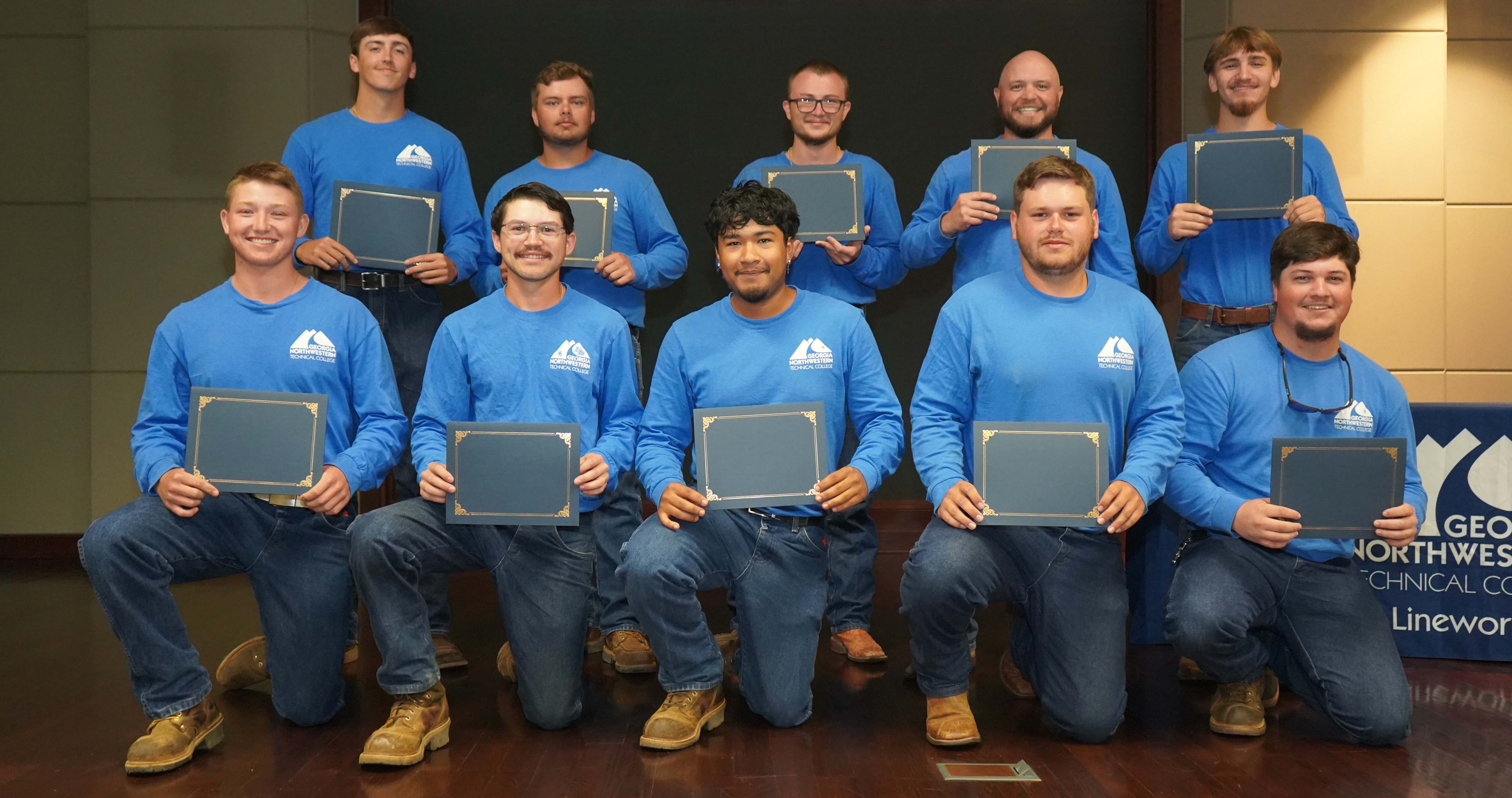 Graduates from GNTC’s Electrical Lineworker program for summer 2024 are (from left, front row) Dylan Cy Dobbs, Michael Bryant Gibson, Gustavo Angel Cruz, Tyler Brownlow, Hutch Taff; (back row) Jonathan Moore, Austin Henson, Christopher Austin Wood, John R. West II and Hayden Waters.