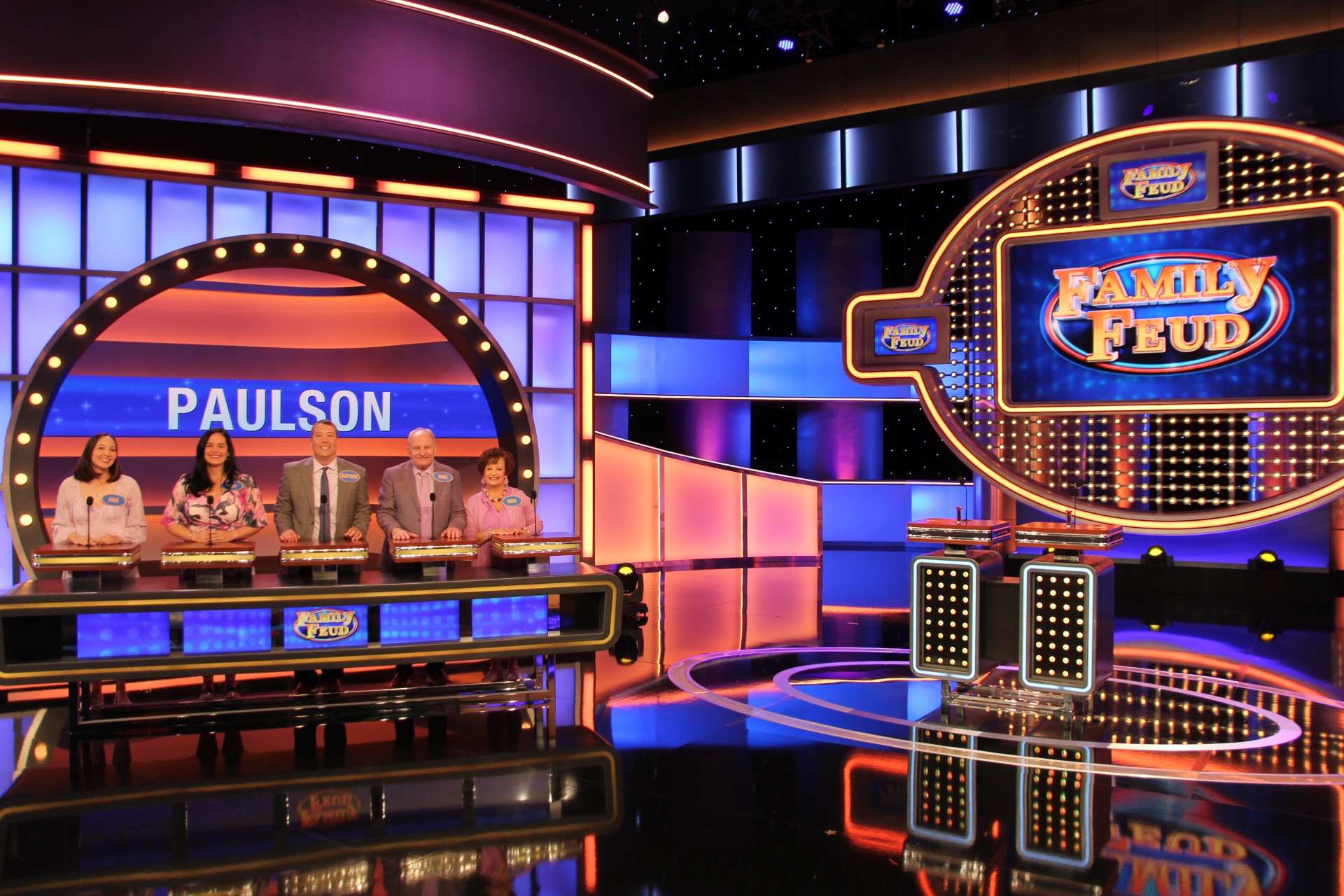 
Chef Greg Paulson, program director and instructor of Culinary Arts at GNTC, and his family compete on “Family Feud.” (From left) Paulson’s stepchildren Julie, Keely and Matthew; Paulson, and his wife, Beth.
